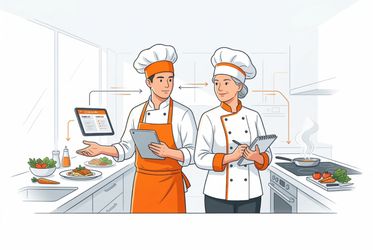 明るい厨房で、男性と女性のシェフが2人で協力している様子を描いた、オレンジ色をアクセントにした清潔感のあるイラスト。男性シェフはタブレット端末を手に、メニューが表示された別のタブレット画面を指さしており、女性シェフはメモをとりながら彼と目を合わせている。2人の間には役割の連携を示す矢印が表示され、周囲には調理道具や料理、食材が描かれている。