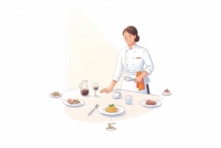 白を基調とした清潔感のある背景に、イタリア料理のフルコース（パスタ、メイン、エスプレッソ、ワイン）と、それらをガイドするシェフのイラスト。イタリア料理のマナーと基本ルールを象徴する現代的なデザイン。