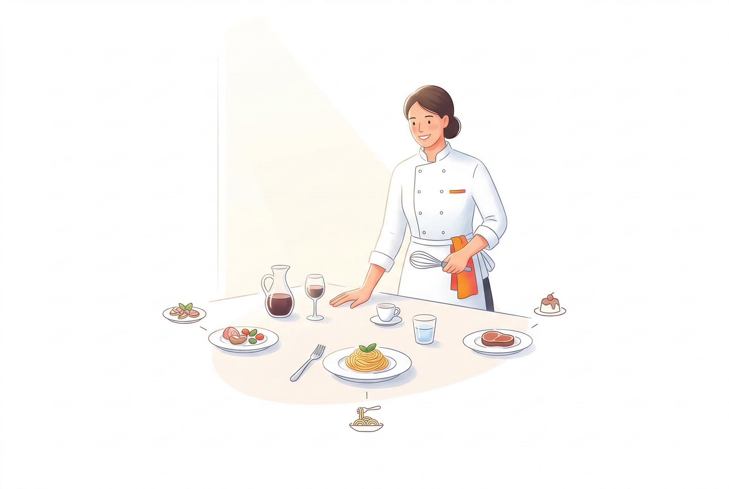 白を基調とした清潔感のある背景に、イタリア料理のフルコース（パスタ、メイン、エスプレッソ、ワイン）と、それらをガイドするシェフのイラスト。イタリア料理のマナーと基本ルールを象徴する現代的なデザイン。