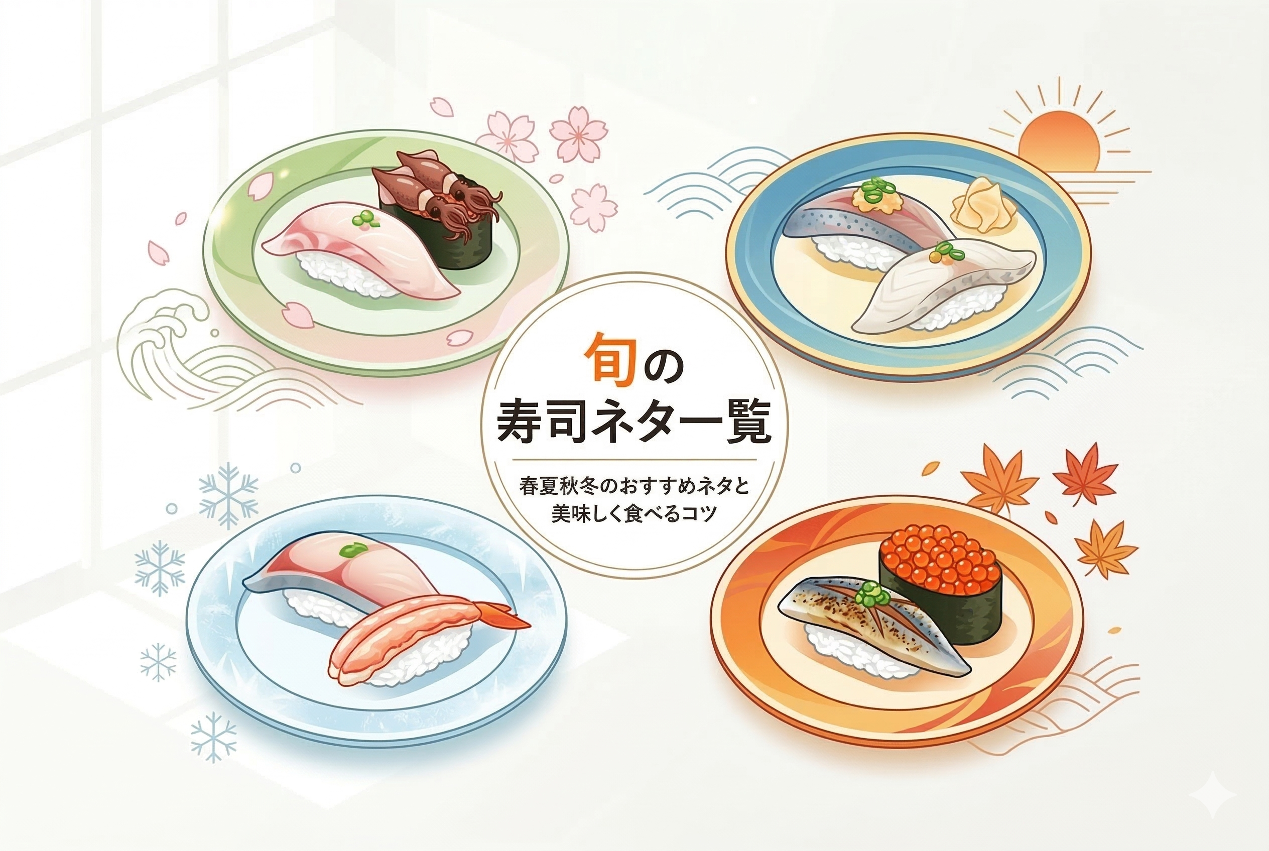 明るい背景に、春、夏、秋、冬をそれぞれ象徴する4枚の皿が配置されたイラスト。中央の円の中に、日本語で「旬の寿司ネタ一覧」「春夏秋冬のおすすめネタと美味しく食べるコツ」と書かれたテキストがある。4枚の皿には、それぞれ季節をテーマにした寿司と、季節を象徴するアイコン（桜、太陽、紅葉、雪の結晶）が描かれている。