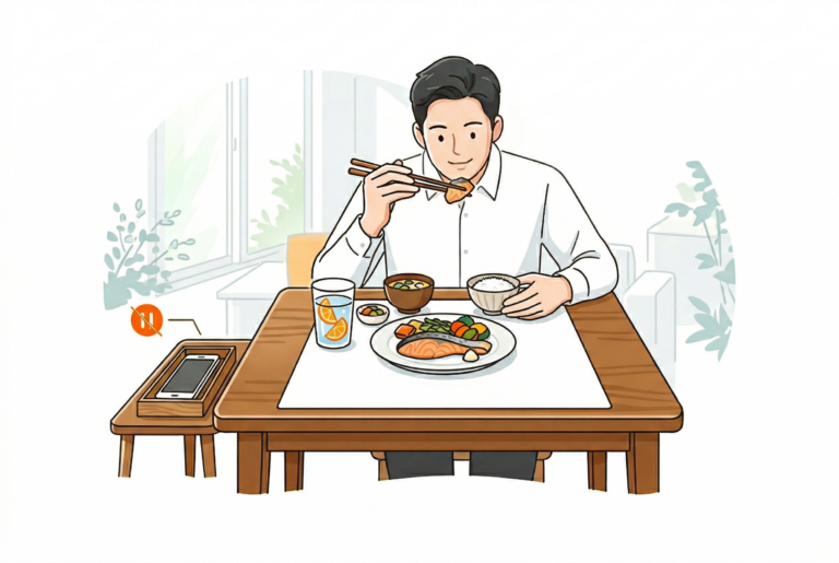 明るい部屋で、男性がスマートフォンを机に置き、鮭の塩焼きやご飯などの和食を箸で食べているイラスト。