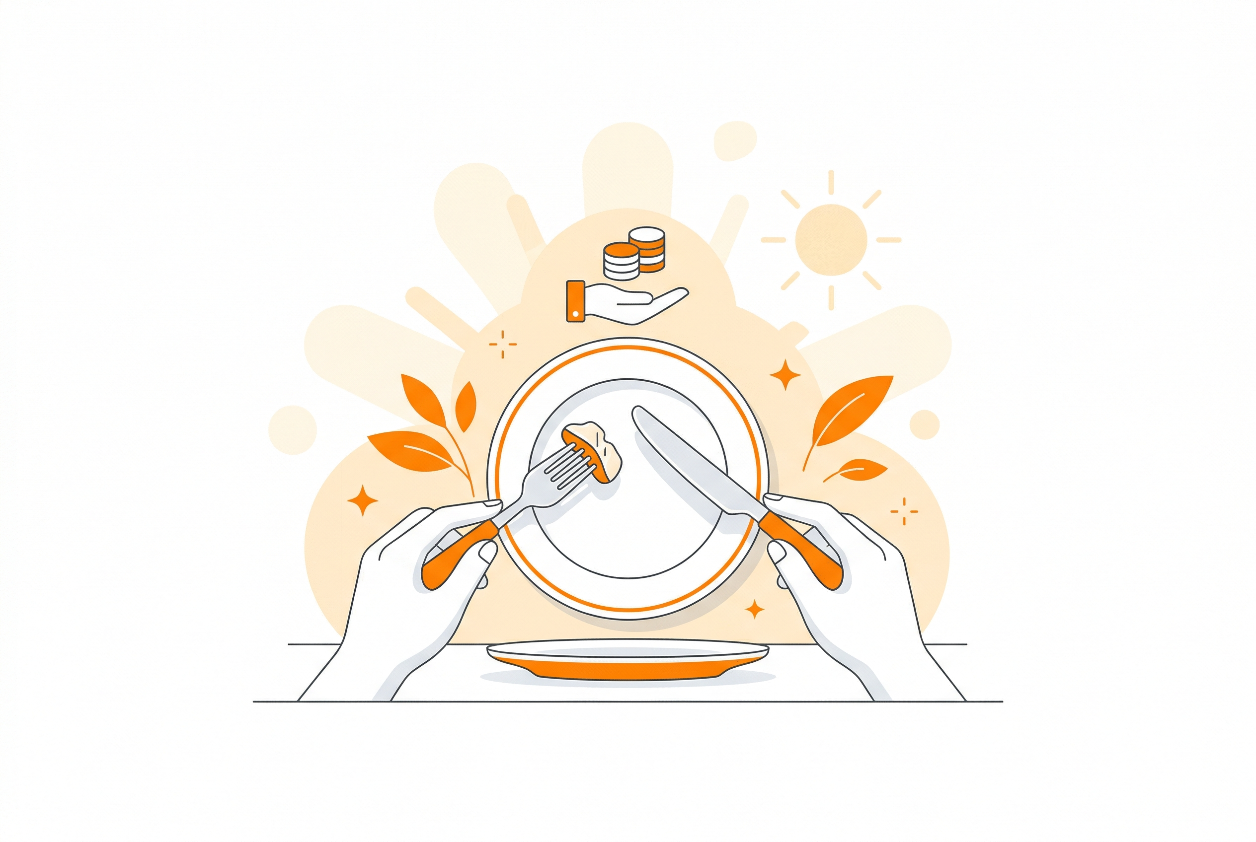 Gemini の回答 アメリカの食事マナーとチップ文化をテーマにした、カトラリーとコインのアイコンのクリーンなイラスト。