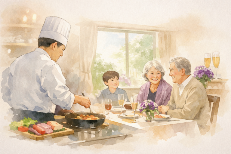 自宅のダイニングで出張シェフが料理を仕上げる様子を、祖父母と家族が温かく見守る古希祝いの食事風景イラスト