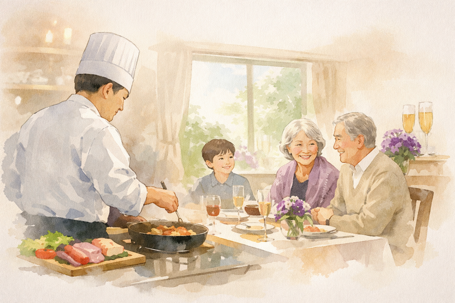 自宅のダイニングで出張シェフが料理を仕上げる様子を、祖父母と家族が温かく見守る古希祝いの食事風景イラスト