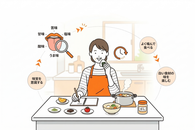 自宅でできる味覚トレーニングを解説するイラスト。五味の仕組み、よく噛むこと、白い食材を味わうこと、味覚を意識することの4つのステップが、白とオレンジを基調とした清潔感のあるスタイルで描かれている。