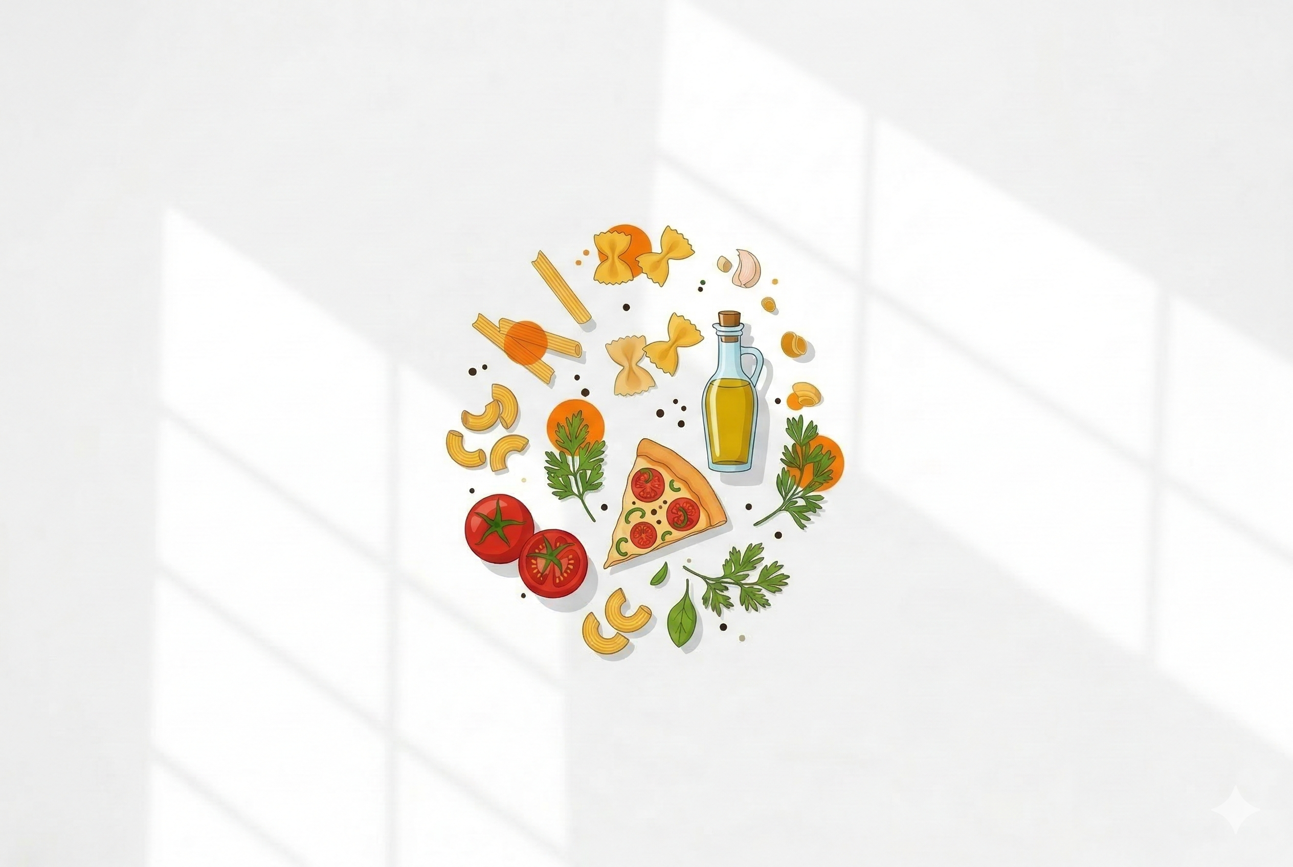 Gemini の回答 ピザ、パスタ、オリーブオイル、トマトなどのイタリア料理の食材が描かれたイラスト。