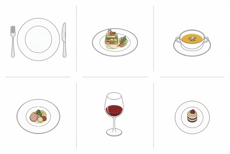 フランス料理のフルコースの流れを6つのステップで描いたイラスト。上段左から、カトラリーが並ぶ皿、前菜、スープ、下段左からメインの肉料理、赤ワイン、デザートが、シンプルで清潔感のあるグリッドレイアウトで配置されています。