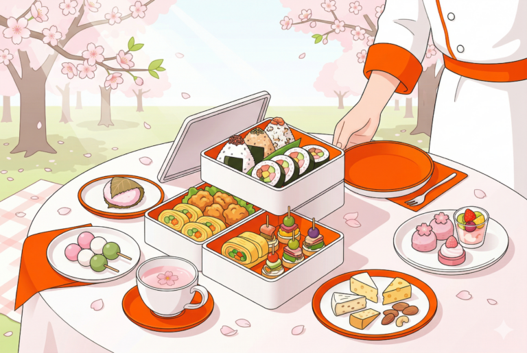 Gemini の回答 桜の下で提供されるお花見弁当と行事食のイラスト