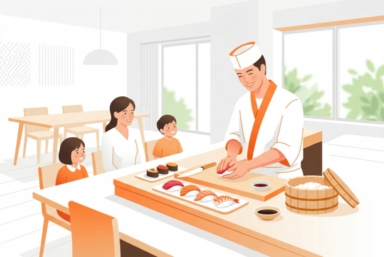Gemini の回答 明るい自宅のリビングで、寿司職人が家族の目の前で寿司を握っている現代的なイラスト。職人の制服や椅子にオレンジ色のアクセントが使われている。