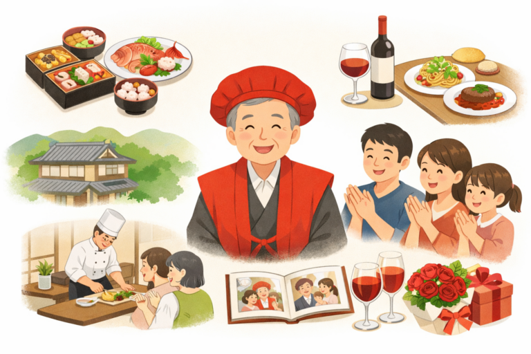 赤いちゃんちゃんこを着た還暦の主役を中心に、家族が笑顔で祝福し、和食やワインなどの料理が並ぶ還暦祝いの食事会イラスト