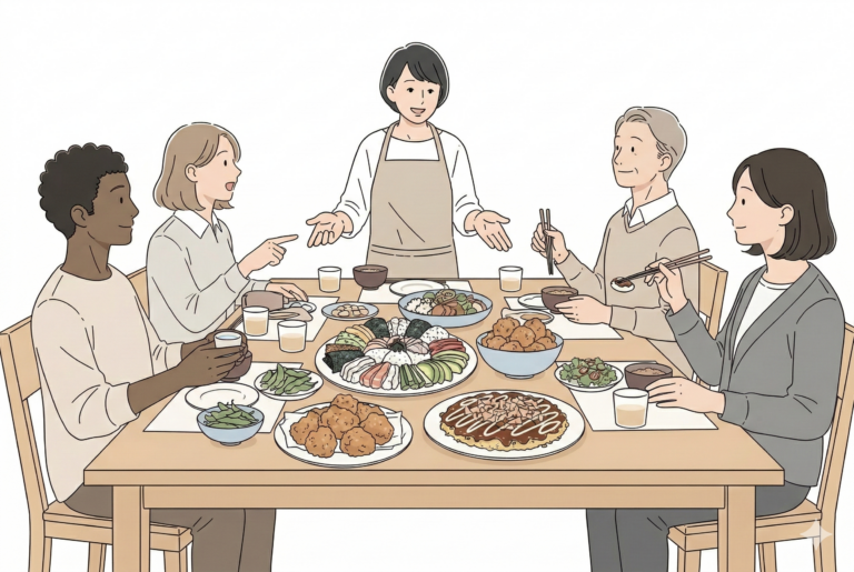 明るいダイニングで、日本人ホストと多様な国籍の外国人が手巻き寿司や唐揚げ、お好み焼きなどの日本食を囲んで楽しそうに談笑しているイラスト。一人がお猪口を持ち、もう一人が料理を指差しながら話している、温かみのあるベージュトーンの穏やかな食卓の風景。
