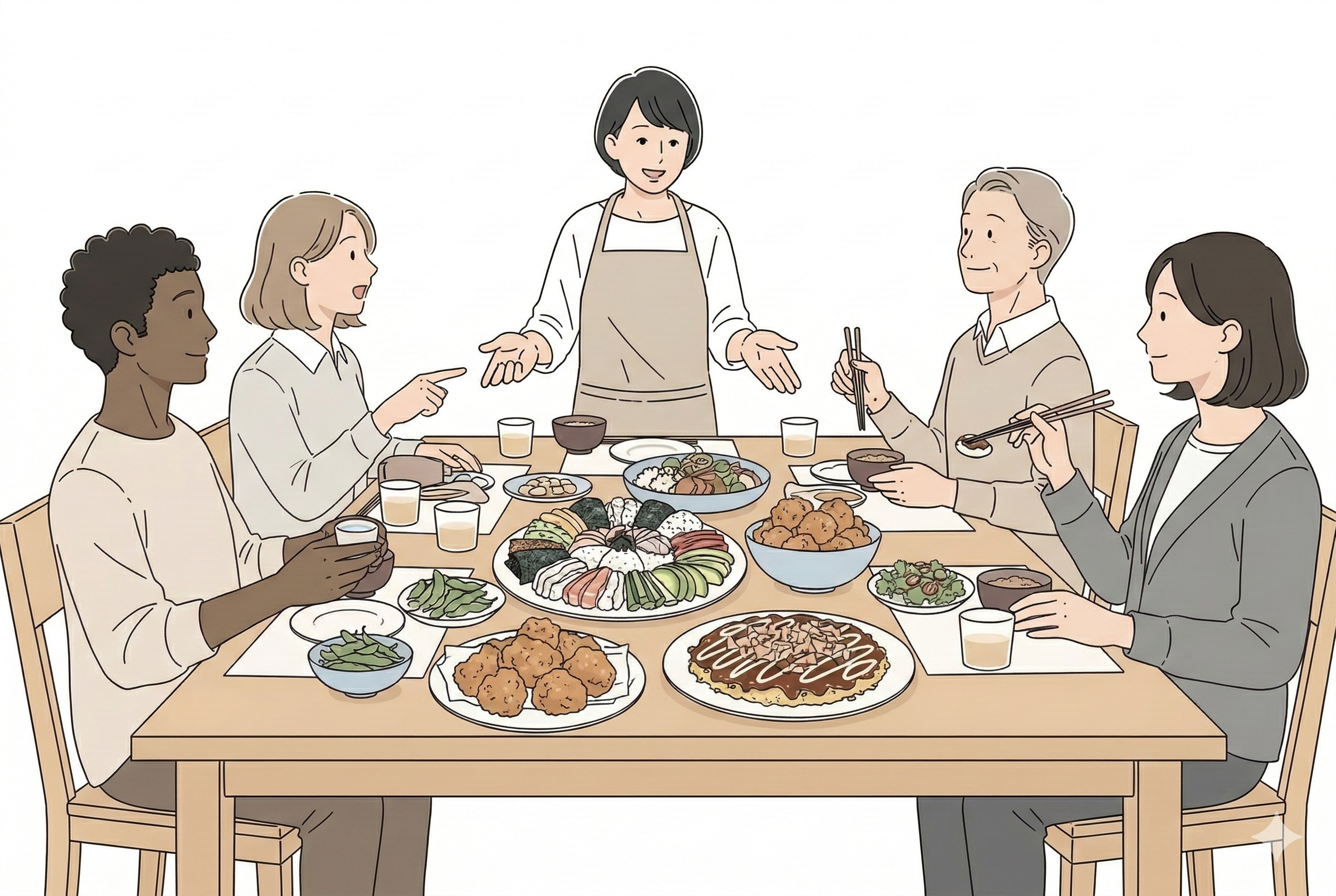 明るいダイニングで、日本人ホストと多様な国籍の外国人が手巻き寿司や唐揚げ、お好み焼きなどの日本食を囲んで楽しそうに談笑しているイラスト。一人がお猪口を持ち、もう一人が料理を指差しながら話している、温かみのあるベージュトーンの穏やかな食卓の風景。