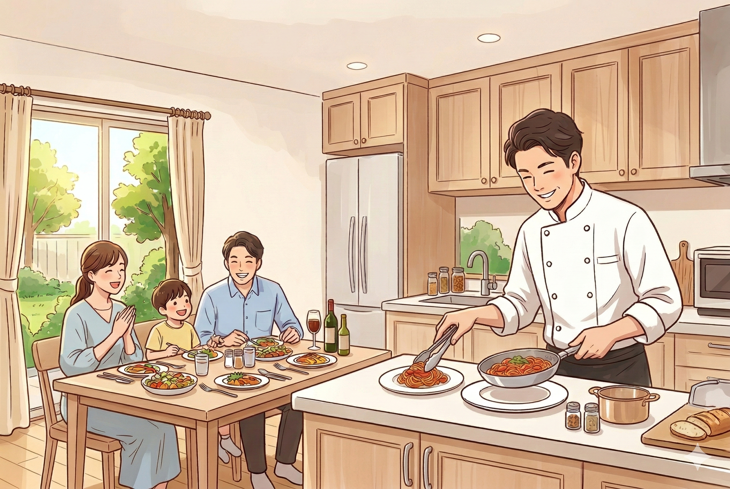 明るく清潔感のある家庭のキッチンで、プロのシェフが料理を仕上げている様子と、それを楽しみに待つ笑顔の家族。