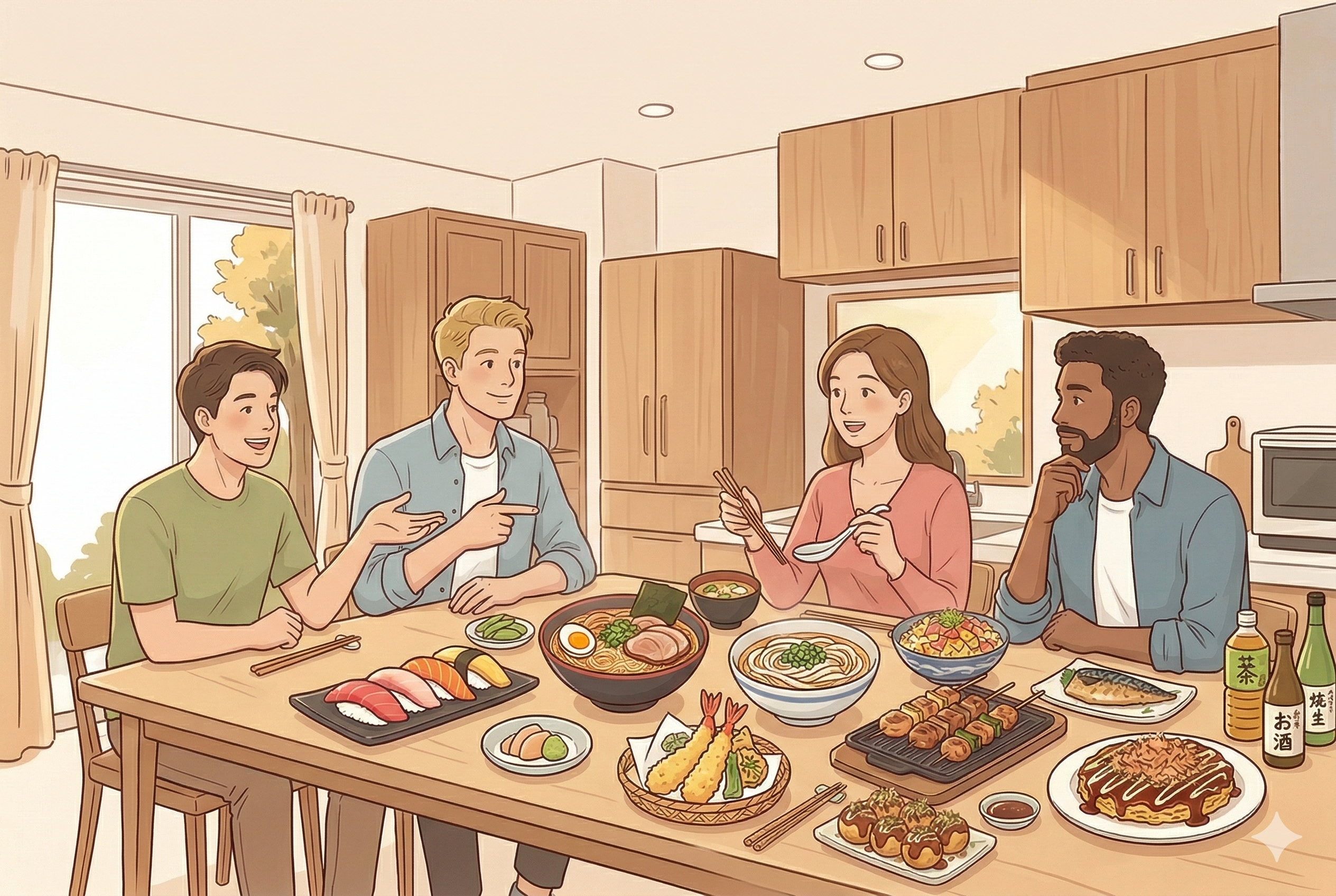 明るいダイニングで、4人の外国人が寿司、ラーメン、天ぷら、焼き鳥など色鮮やかな和食をテーブルに並べ、どれが一番好きか楽しそうにランキングを話し合っている温かい雰囲気のイラスト。