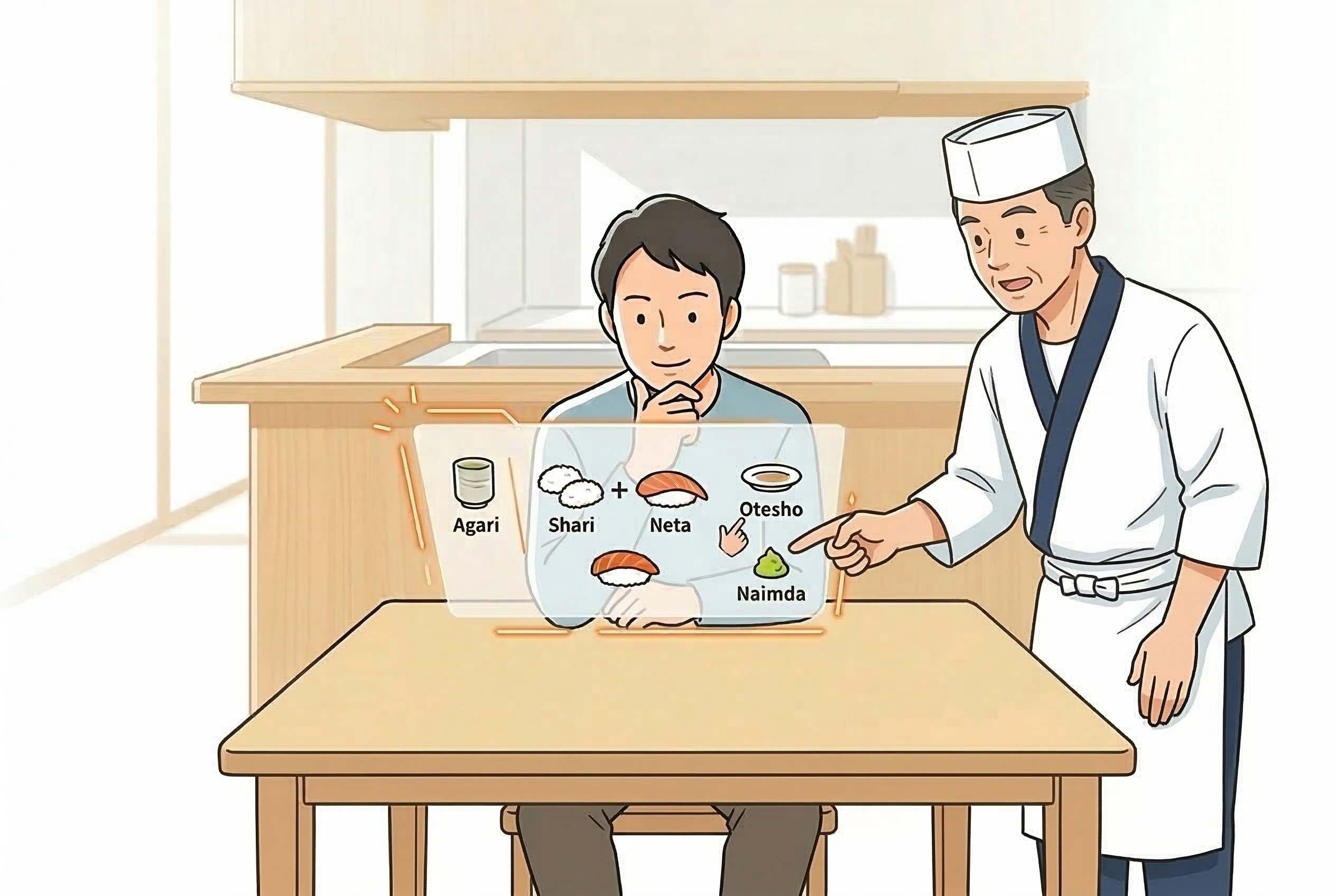 寿司屋の専門用語をタブレット画面で解説する寿司職人と、それを見て学ぶ男性のイラスト。明るく清潔感のある室内で、アガリ、シャリ、ネタなどの用語がアイコンで表示されている。